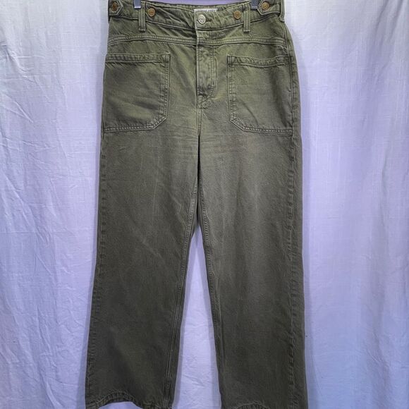 We The Free Olive Green Cotton Palmer Cuffed Wide Leg Jeans Dark Wash Size 28 - Picture 2 of 10